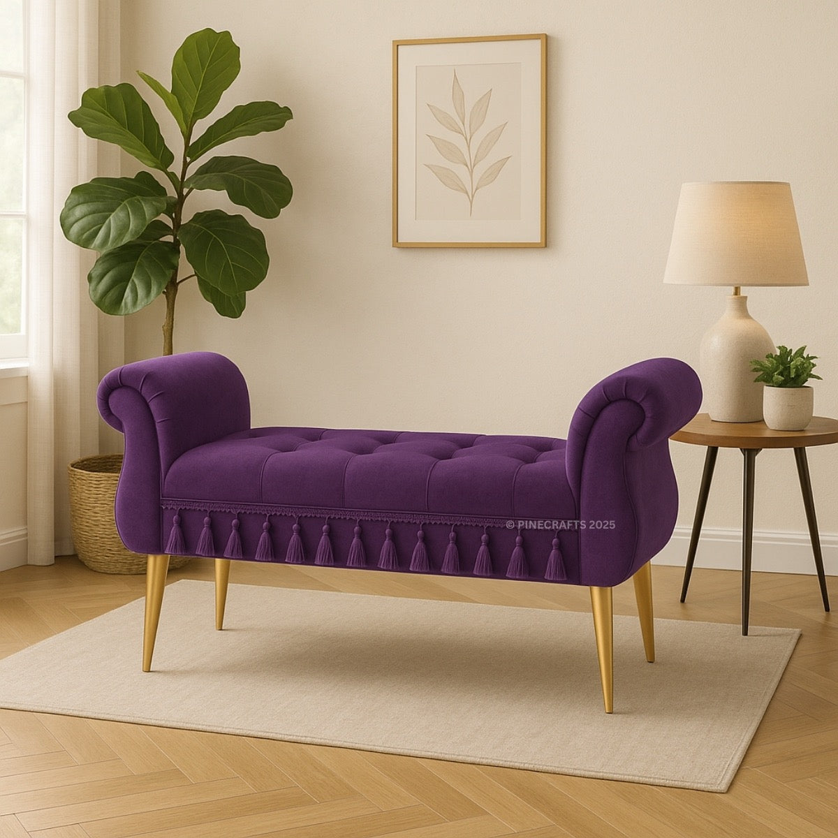 Purple tufted bench with gold legs in a room with a plant, lamp, and wall art.